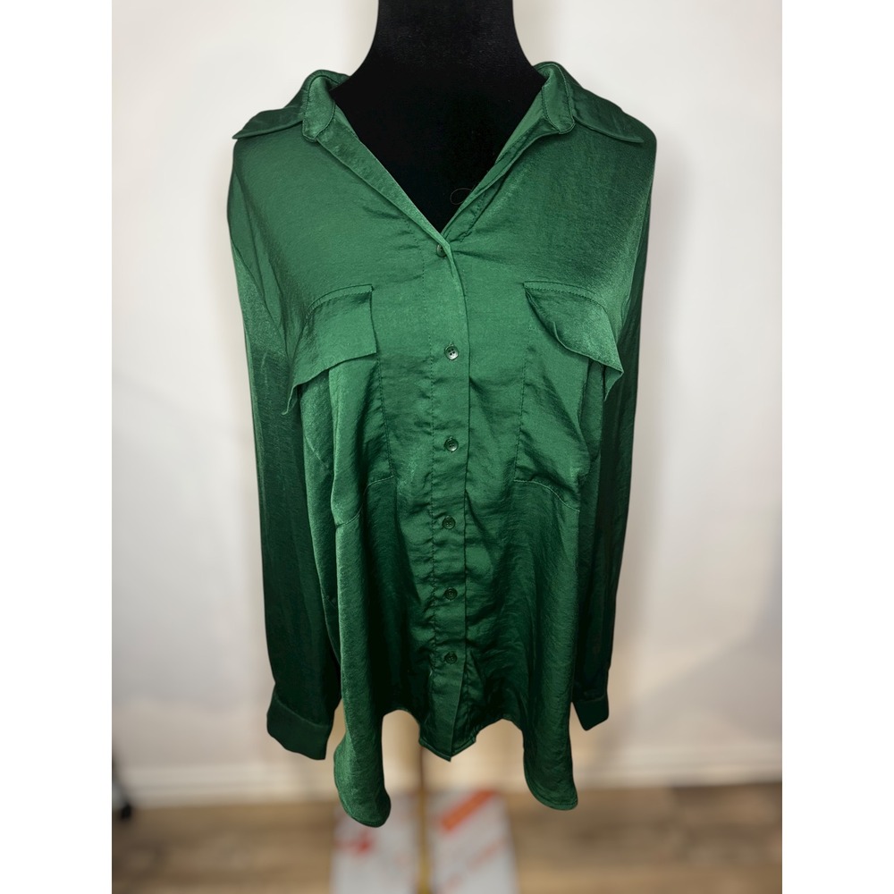 MELLODAY Green Satin Collared Button Down Shirt Women's Preppy Long Sleev